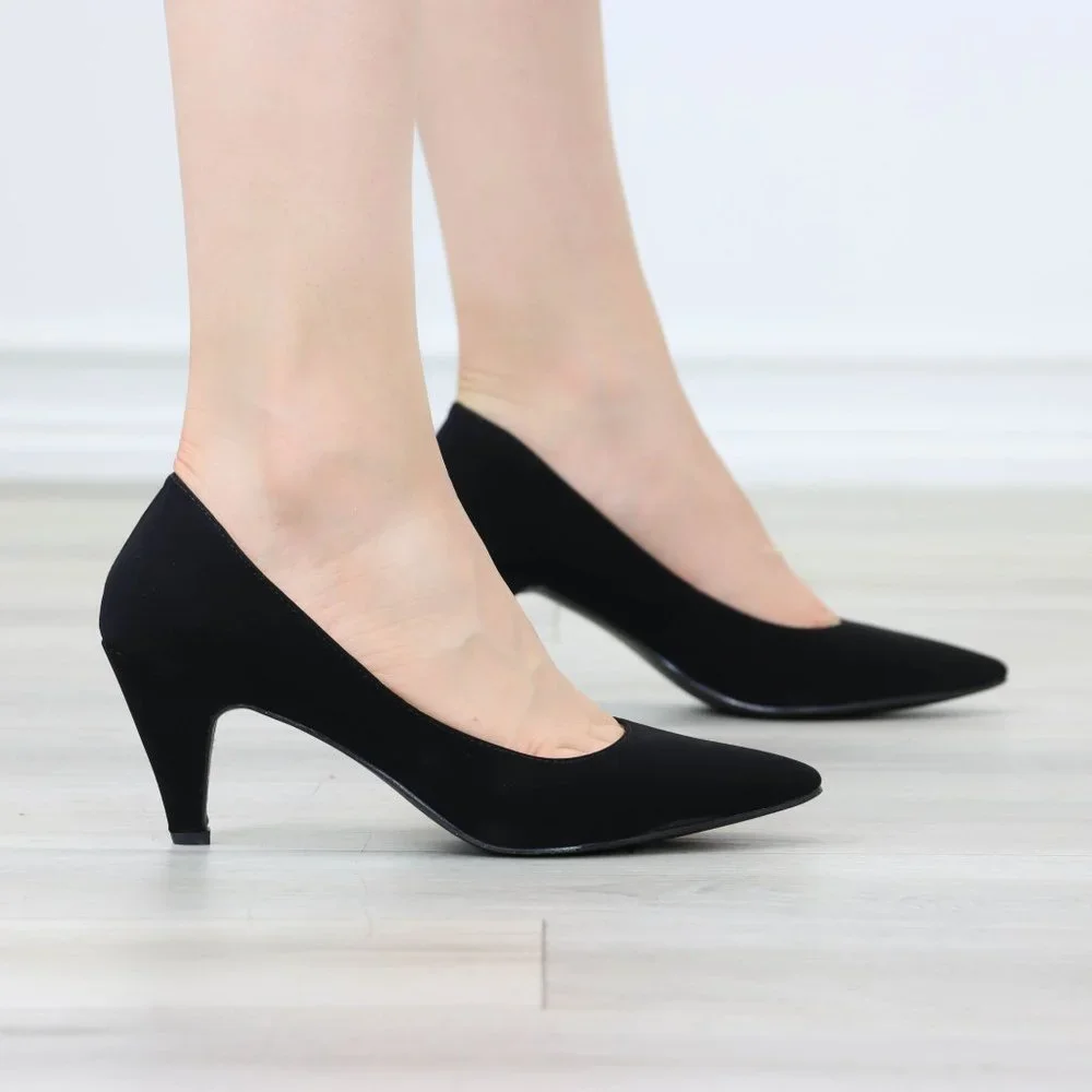 Kitten Low Heel Shoes Rockabilly Vintage Style Pointed Toe Pumps Black Nubuck - Picture 4 of 12